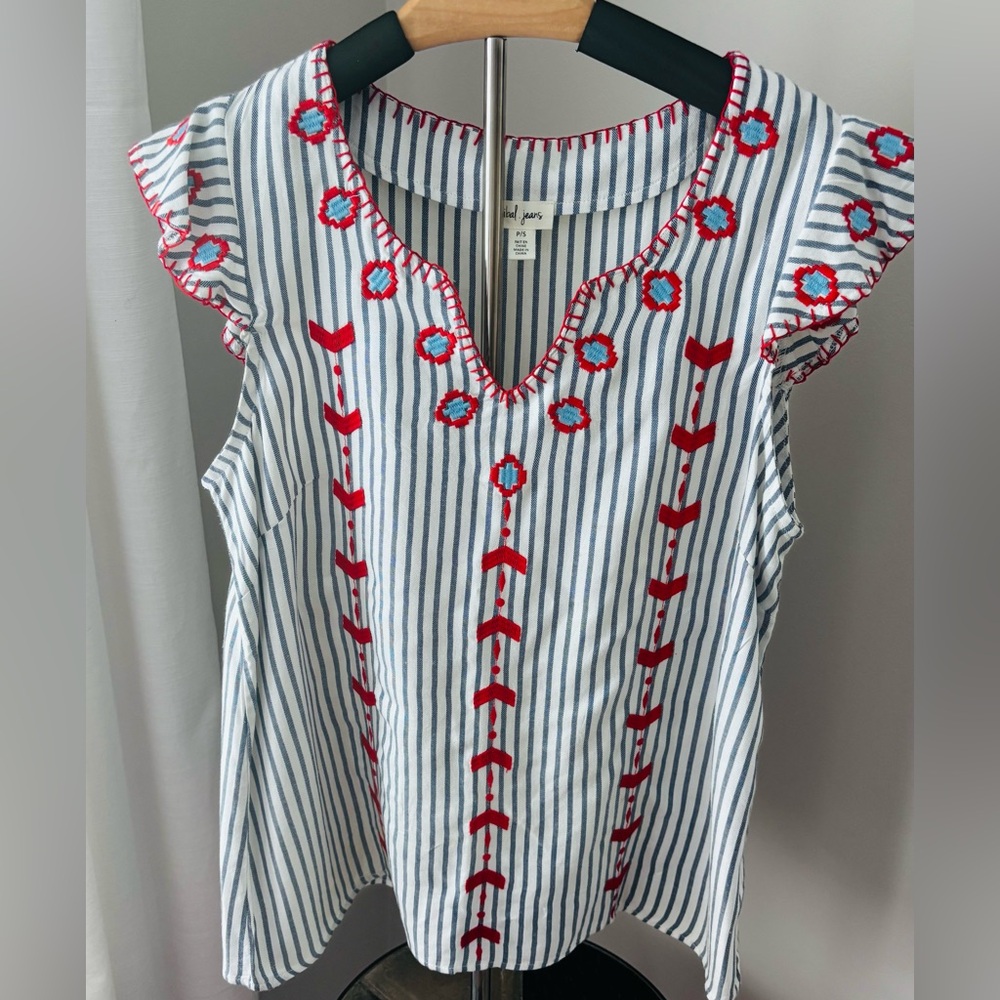 Tribal Striped Embroidered Top - Red and Blue